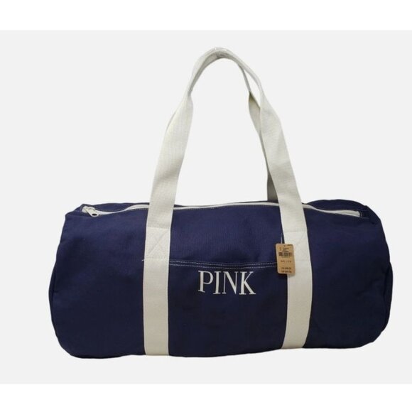 Victorias Secret Pink Navy White Canvas Duffle Bag Zipper Closure Double Handles - Picture 1 of 14